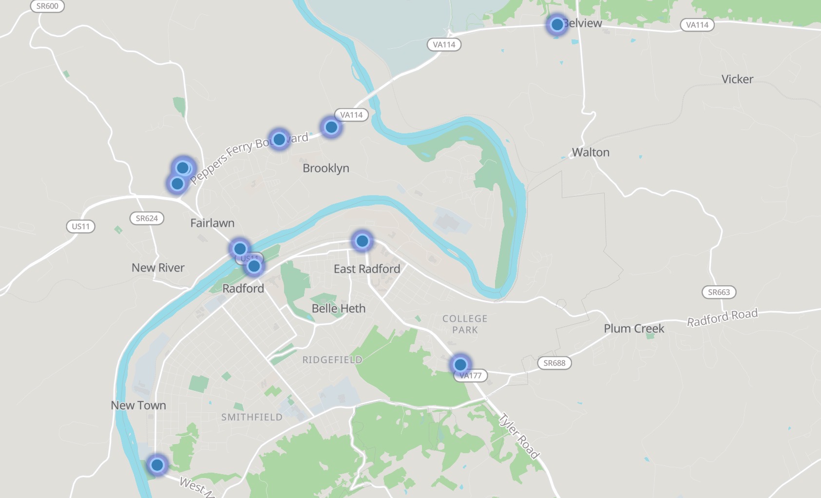 Map showing approximate Flock Safety camera locations in the Radford area
