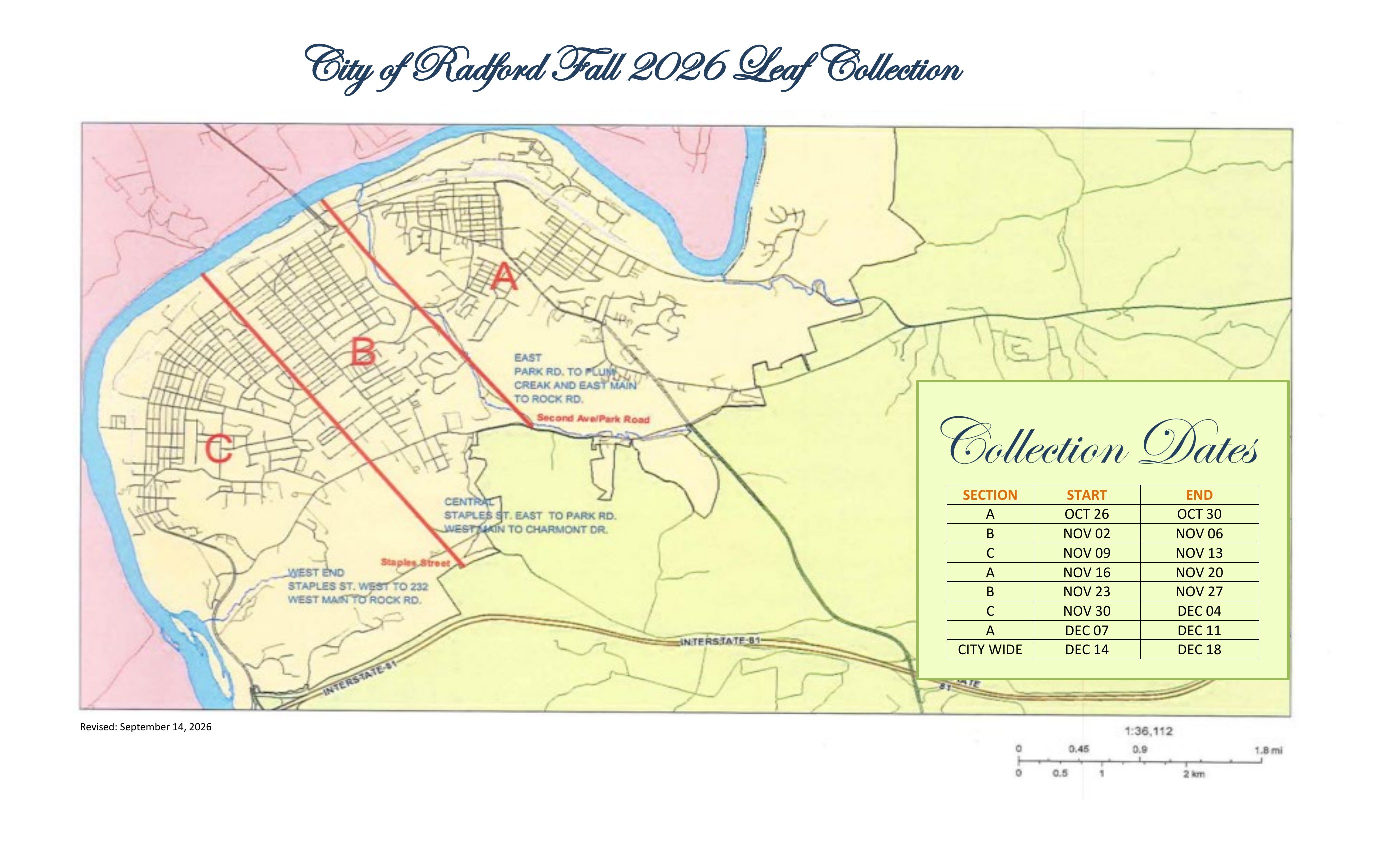 City of Radford Fall 2026 leaf collection map showing Sections A (east), B (central) and C (west end) with collection dates