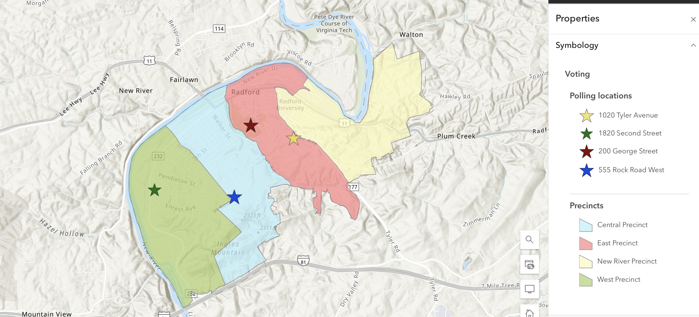 Map of Radford, Virginia showing four color-coded voting precincts: New River (yellow), East (red), West Central (blue), and West (green)
